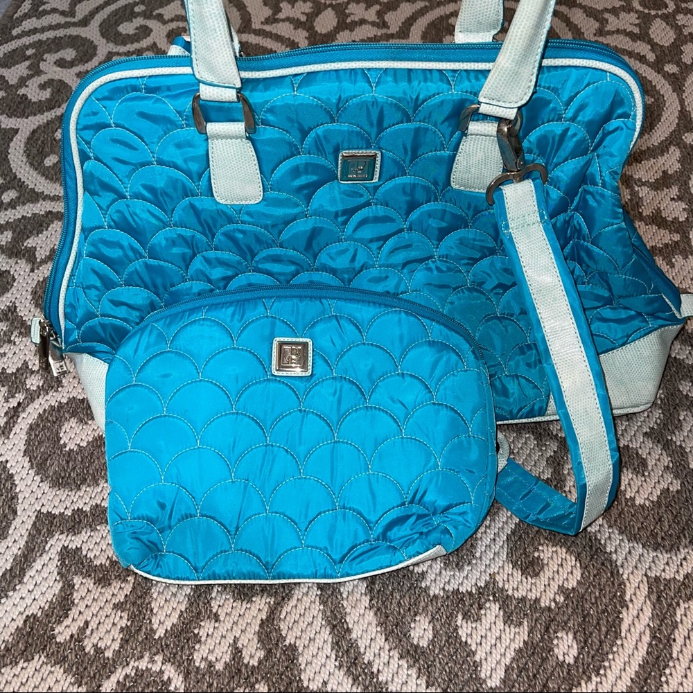 Diane von Furstenberg teal quilted carry-on and matching makeup bag NWOT